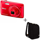 Câmera Digital Nikon Coolpix S3400 Vermelha com 20.1 MP + Porta Câmera Camcorder Preto Case Logic - XNDC5801
